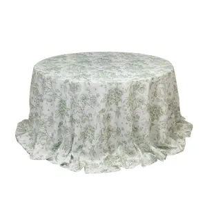 Polyester 132" Round Tablecloth White - Dusty Sage Green French Toile Pattern for Chic Weddings