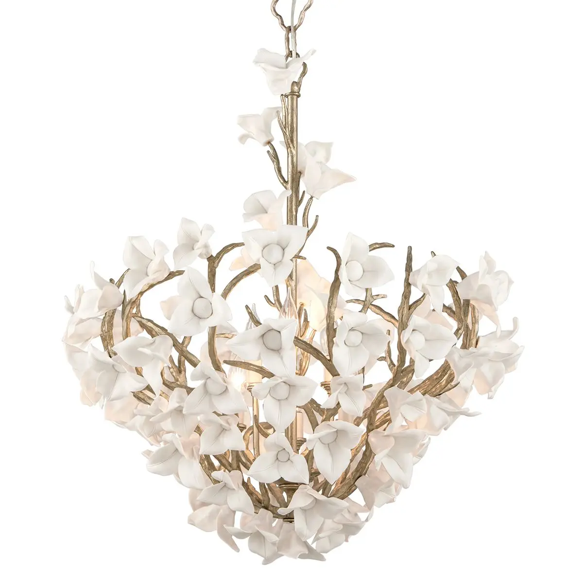 Large Lily Chandelier with Porcelain Flowers and Enchanted Silver Leaf Finish
