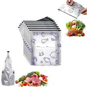 Reusable Aluminum Foil Kitchen Food Storage Freezer Bags, Zip Seal Date Labels, Eco-Friendly Leak-Proof, for Meat Vegetables Fruits (10 Pack)
