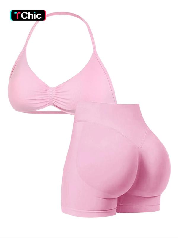 New Women's Sporty Yoga Set, High-Waist Tight-Fitting Shorts and Halter Top, Summer Fitness for Running and Gym, Gym Tights Clothes