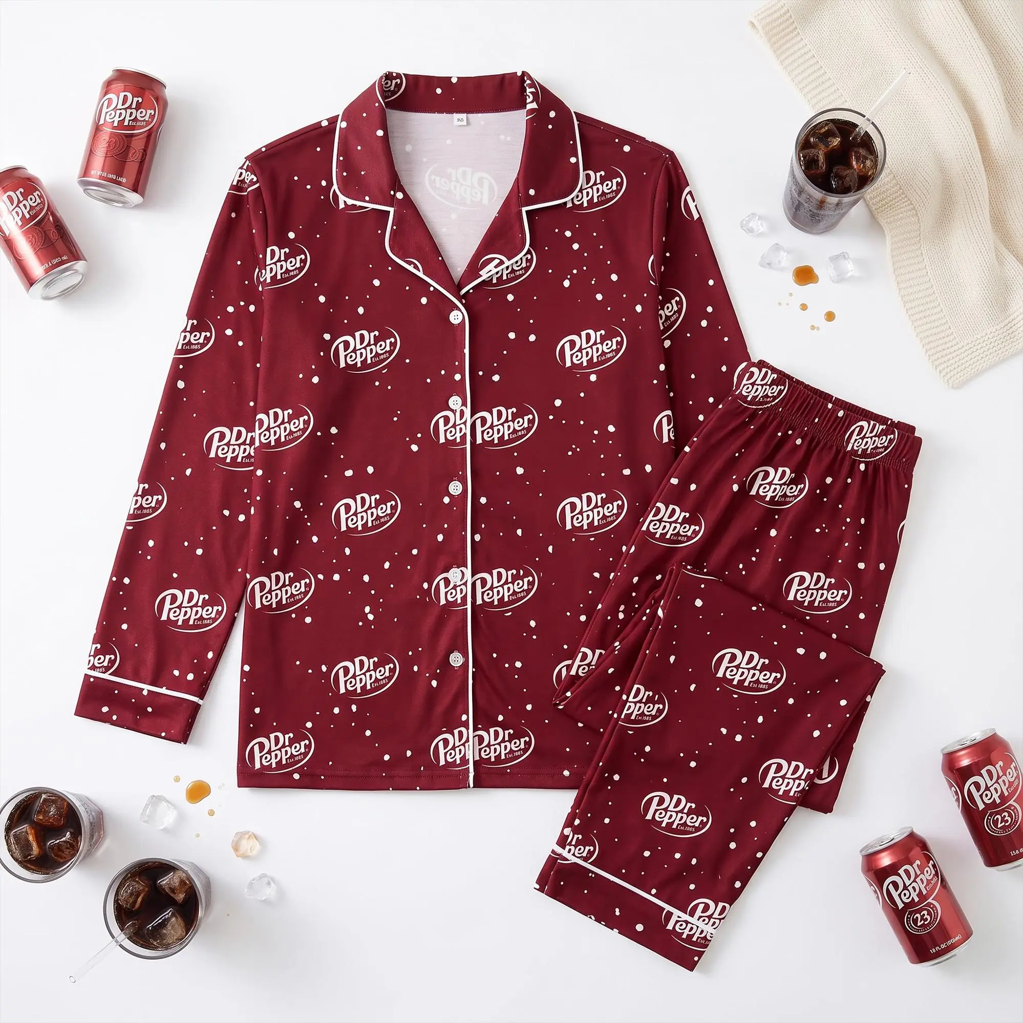 Dr Pepper Satin Pajama Set, Maroon Dr Pepper Silk PJs , Cute Soda Sleepwear, Gift for Dr Pepper Lover