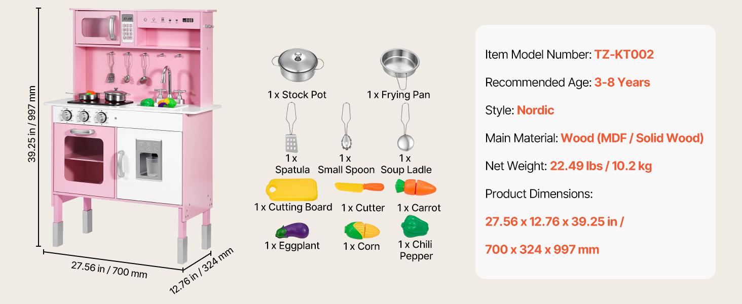 VEVOR Play Kitchen for Kids, Wooden, Kids Kitchen Playset with Real Lights & Sounds, Food & Cookware, Pretend Play Toy Set, Microwave, Oven, Clicking Knobs, for Toddlers, Girls & Boys Ages 3-8, Pink