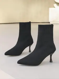 Women's Solid Color Stiletto Heeled Socks Boots, Fashionable Pointed Toe High Heel Boots for Daily Wear, Ladies Boots for Fall & Winter, Elegant Boots