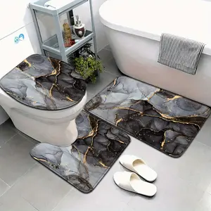 3-Piece Modern Art Bathroom Rug Set, Black Grey Gold Marble Non-Slip Mats, Luxury Decor Toilet Lid Cover & U-Shape Pad