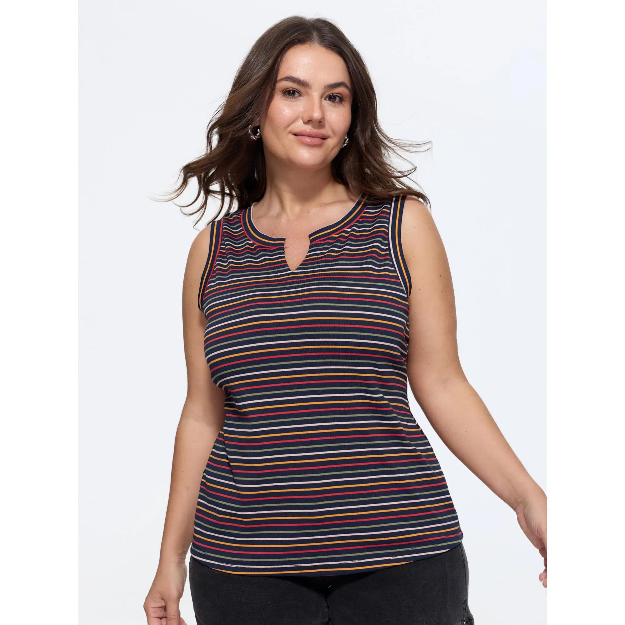BloomChic Women's Plus Size Striped Waist-Defining Tank Top - Casual Wear, Sleeveless, Fit, Stripe Print, Polyester Mix Spandex Blend, Stretchy, Summer, Machine Wash, Pull On, Low Iron, Wash With Like Colors, Slight Stretch