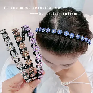 Women's Crystal Hair Clips Set, Floral Design, Dual Layer Braided Headbands, Hollow Out Weave, Girls' Accessories, Flower Hair Clip
