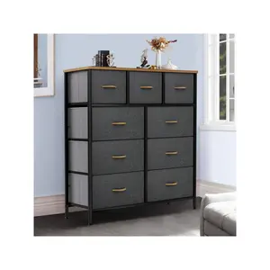 9 Drawers Modern Dresser Fabric Storage Tower Steel Frame Closet Cabinet Organizer For Bedroom, Dark Grey