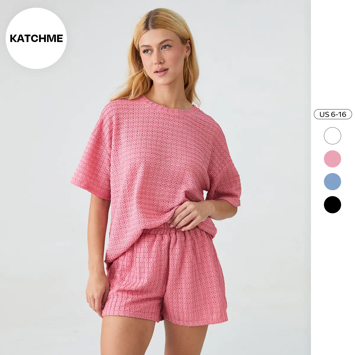 KatchMe Women's Airy Solid Color Round Neck Jacquard Short Sleeve Top & Wide Leg Shorts Co-ord, Minimalist Two Piece Outfits, Breathable Holiday Set