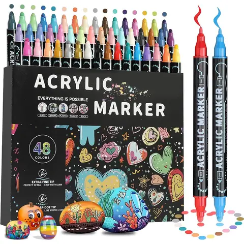 Acrylic Paint Marker Pen, 12/24/36/48pcs Dual Tip Acrylic Paint Pen, Acrylic Markers Set, Art Supplies Crafts for Wood, Canvas, Stone, Rock Painting, Glass, Ceramic Surfaces, Valentine's Day Gift, Acrylic Marker Pens