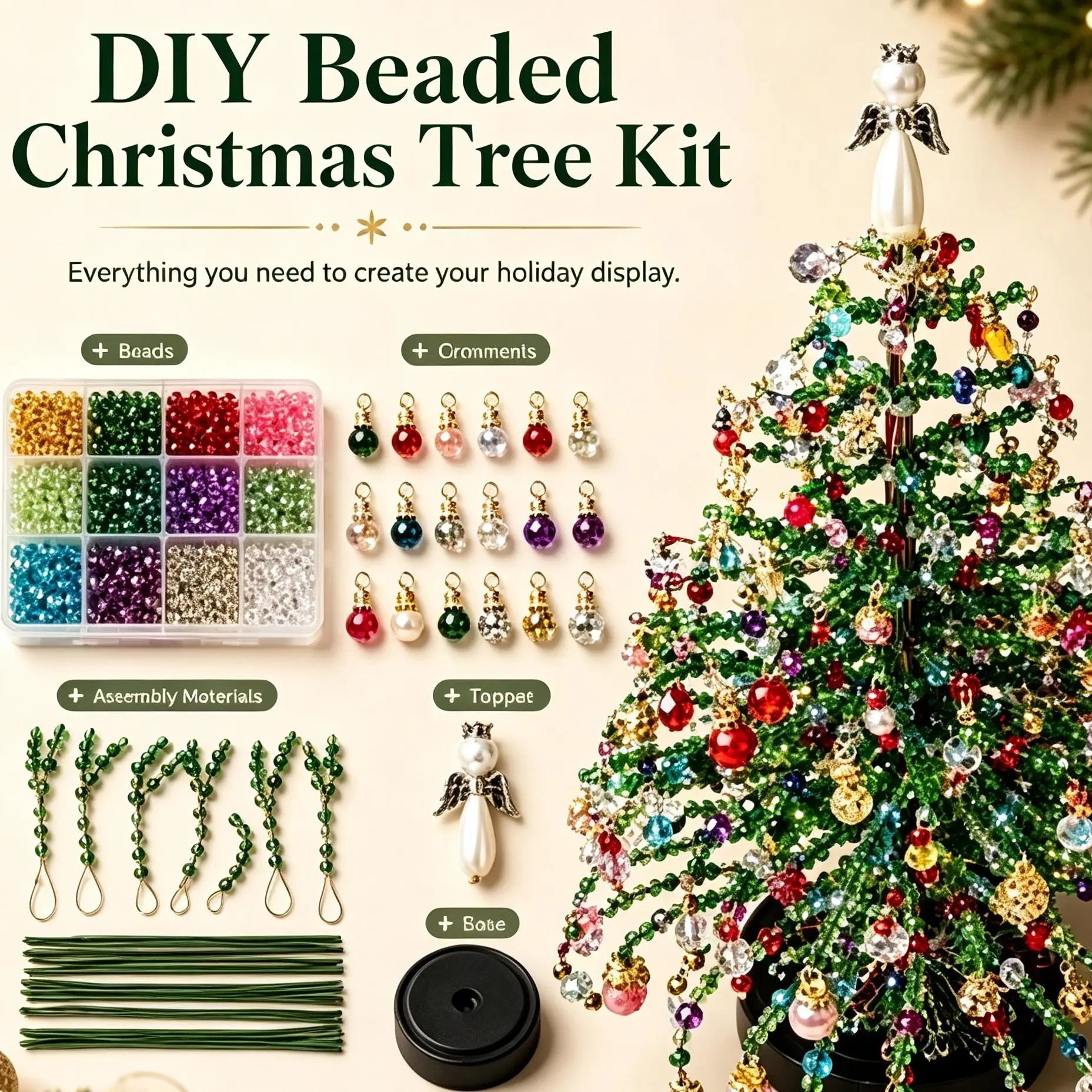 DIY Beaded Christmas Tree Kit, (5.5in*5.5in)Crystal Holiday Craft Set for Adults| Colorful Beads, Ornament Charms, Metal Frame, Angel Topper, Warm Glow Display, Tabletop Decor, Relaxing Project, Holiday Gift