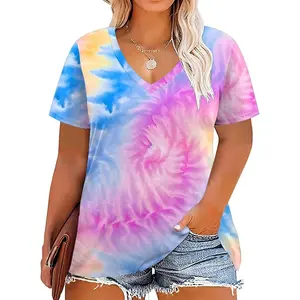 DOLNINE Womens Plus Size Tops Tie Dye Casual V Neck Summer Short Sleeve Loose Fit Shirts XL-5XL DPS1088