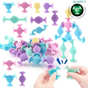 40/60pcs Sensory Stress Relief Toys for Kids & Adults, Glowing Suction Cup Toy, Stacking Building Toy, Counting Learning, Color Recognition, Stress Relief Fidgeting, Sensory Bundle