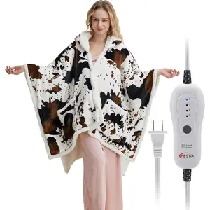 Heated Electric Blanket Shawl Cow Print Wearable Heated Blanket with Hood & Pocket, Winter Gifts for Adults, Soft Heating Blanket Throw with 4 Heat Levels