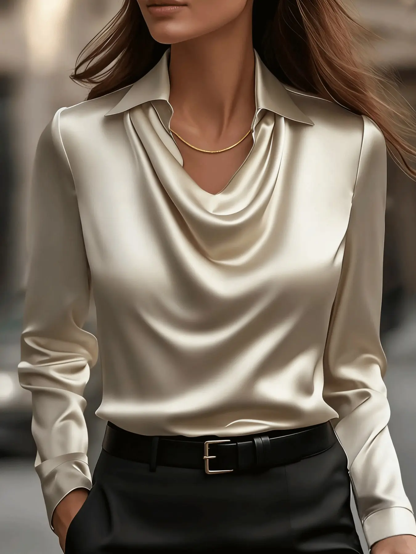 All-Season Satin Cowl Neck Blouse, Women Shirts, Silky Elegant Long Sleeve Top, Perfect for Office, Casual Days, Dates & Going-Outlooks