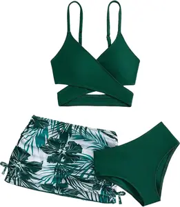 Girl's 3 Piece Swimsuits Wrap Criss Cross High Waisted Bikini Set with Cover Up Skirt