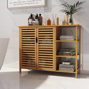 COSTWAY - Bamboo Bathroom Cabinet 2-Door Storage Organizer with Shelves-Natural