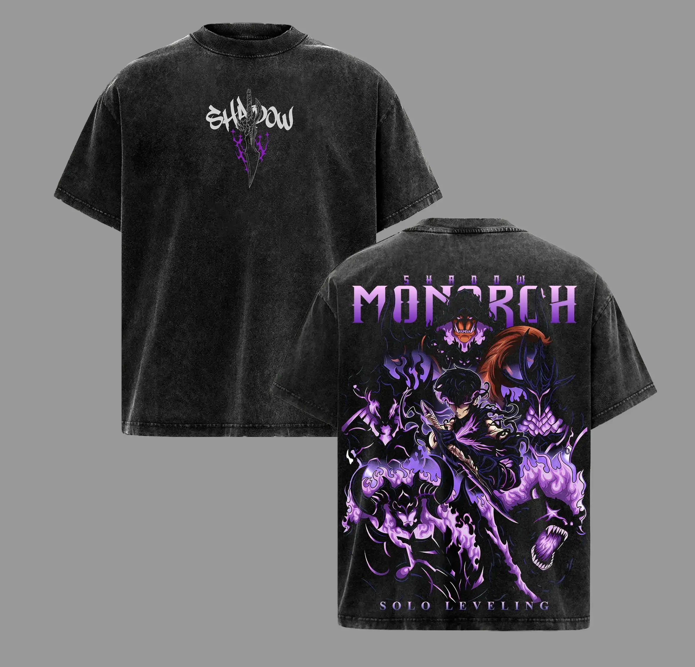 Shadow Monarch Anime Tee | Inspired by Solo Leveling & Sung Jinwoo’s Power | Dark Purple Graphic Streetwear | Awaken Your Shadows with Epic Art & Bold Design | Oversized Vintage Wash Shirt