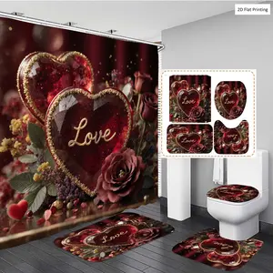 1/3/4PCS Valentines Day Decor with Heart shaped Items and Roses Shower Curtain Set with Rugs, Non Slip Bath Mat, U-Shape Carpet, Toilet Lid Cover, Polyester Fabric Bathtub Curtain Accessories, 12 Hooks, Home B