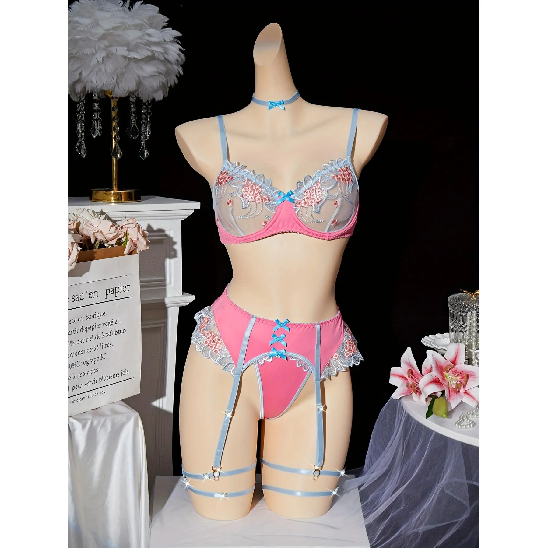 6pcs/Set Mesh Embroidery Women Sexy Bra Underwire Lingerie Lace Pink Womenswear Bodysuits Piece Strap Teddy Tops Fabric Polyester mesh embroidery woman