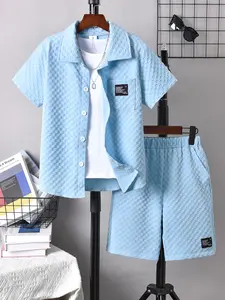 Kikofendy Boys' Casual Fashion Embossed Plaid Jacquard Short Sleeve Shirt + Stylish Shorts Two-Piece Set, Summer