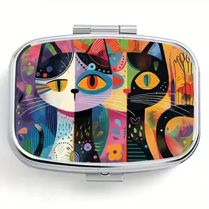 Portable Abstract Cat Design Metal Pill Box, Two Compartment Jewelry Storage, Travel and Outdoor Use, Wallet Pill Case, Artistic Medicine Box