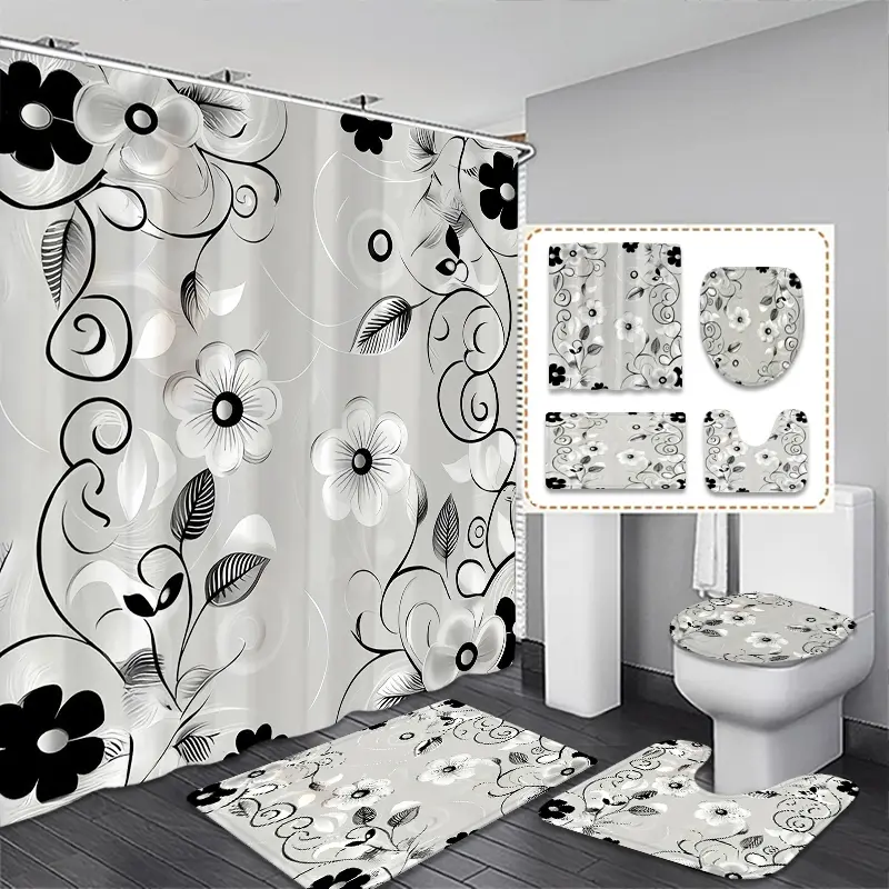 Creative Floral Bathroom Curtain Set, Shower Curtain Set, Includes Toilet Cover, Bath Mat, Hooks, Modern Home Decor, Christmas Gift