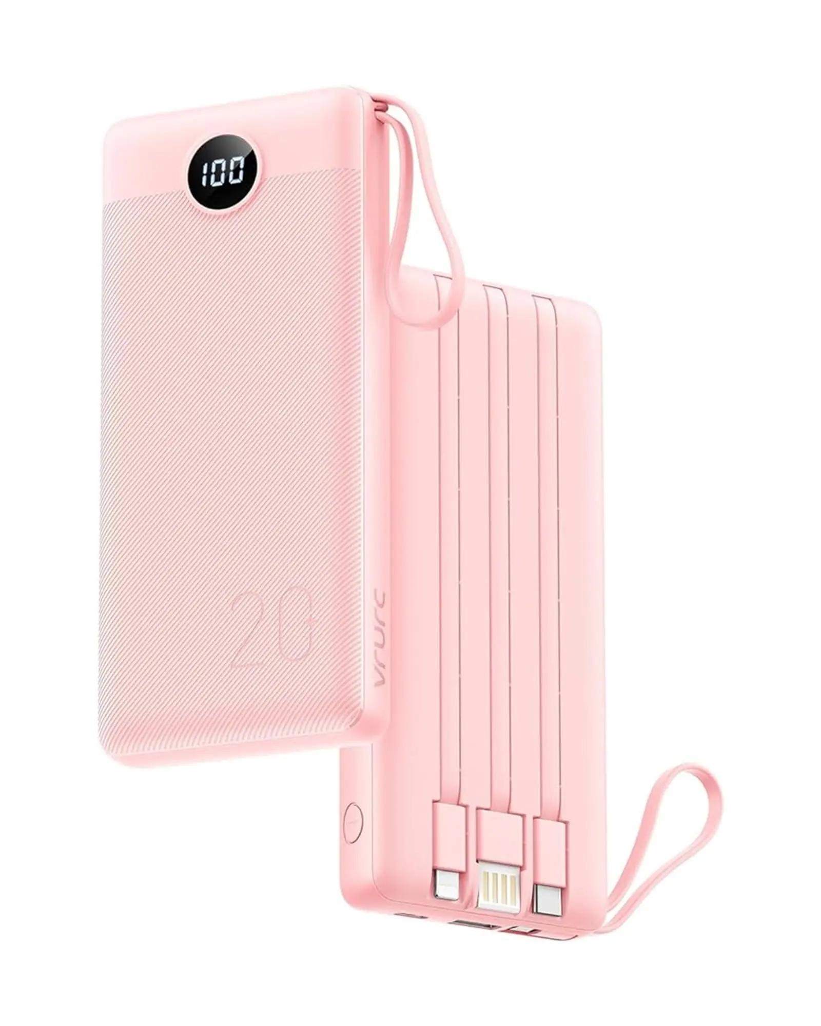 VRURC T2047 Portable Charger Power Bank - 20000mah Fast Charging PD 22.5W Power Battery 5 Output 3 Input Design 4 Cable USB Charging Compatible for iPhone Samsung Android Google LED Display-Pink