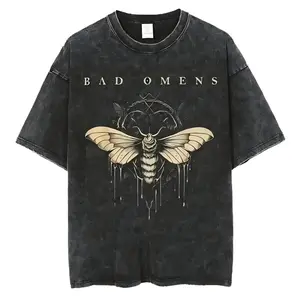 Bad Omens 2024 Tour Vintage Washed 90s Graphic T-Shirt for Men & Women - Oversized Black Band Tee with Moth & Dripping Wax Design 100% Cotton  Streetwear 250g washed T-shirt Menswear Top   shirt Casual Unisex K9S