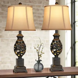 Table Lamps Set Of 2, 28" Tall Bedside Lamp With Nightlight, Vintage Bronze Nightstand Lamps With Faux Silk Shades For Living Room Bedroom End Table, Suitable For Business, Bookstores