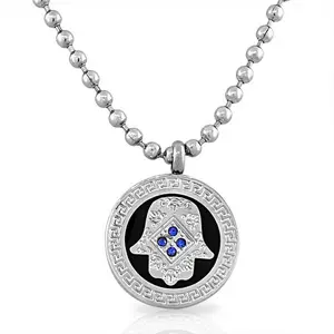 Stainless Steel Black Silver-Tone Hamsa Evil Eye Blue CZ Pendant Necklace