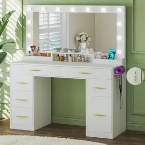 Makeup Vanity Desk with Lights, Large Mirror, White Vanity with 6 Drawers & 1 Cabinet & Power Outlet, 3 Lighting Color Adjustable, Bedroom