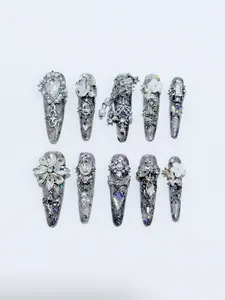#18 Gothic Dark Fairycore Silver Glitter Press-On Nails | Crystal Floral Butterfly Stiletto Nails | Luxury Edgy Nail Art