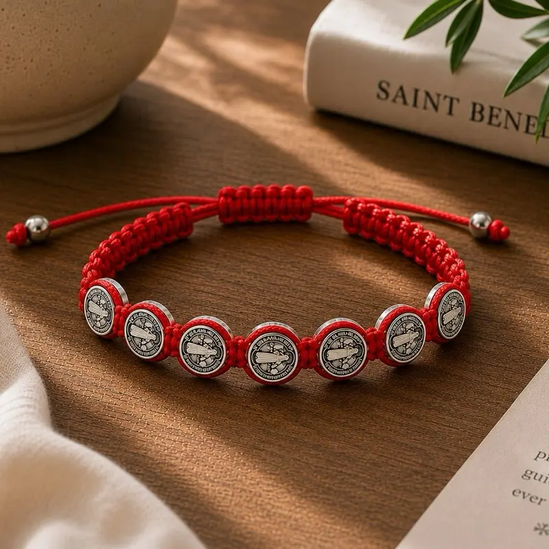 Artisanal Catholic Religious Fashionable Bracelet - San Benito Medal, Braided Rosary, Coin, Cross Beads, Classic Prayer Jewelry Accessory for Friendship Gifting