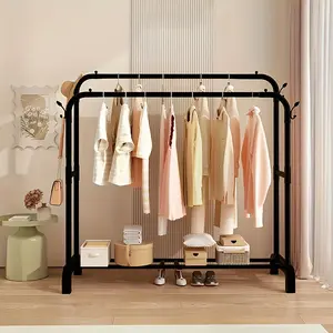 Sturdy Heavy-duty Metal Double-pole Floor-standing Clothes Drying Rack for Bedroom Storage Daily Necessities & Shoe Organization Hangers Black  Home Practical Organizer Laundry Installation