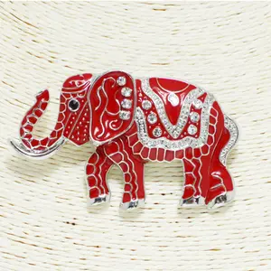 Antique Silver/Red, elephant epoxy with rhinestone pin brooch