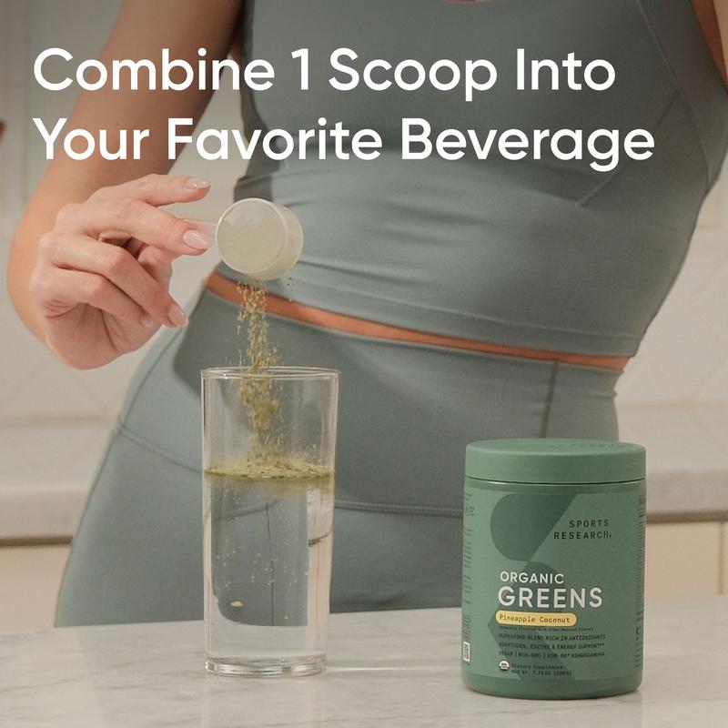 Sports Research® Organic Greens Superfood Powder w/ Spirulina & Chlorella, Adaptogens, Enzymes, Probiotics & 8 Vit Bs for Gut & Mood Support* -Vegan, Sugar-Free & Low-Cal Pineapple Coconut 20 Servings