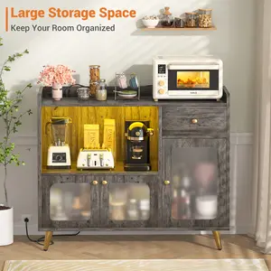 Sideboard Buffet Cabinet with Power Outlet, Kitchen Cabinet with LED Lights, Large Bar Cart Accent Buffet Cabinet with Door for Living Room, Kitchen, Hallway