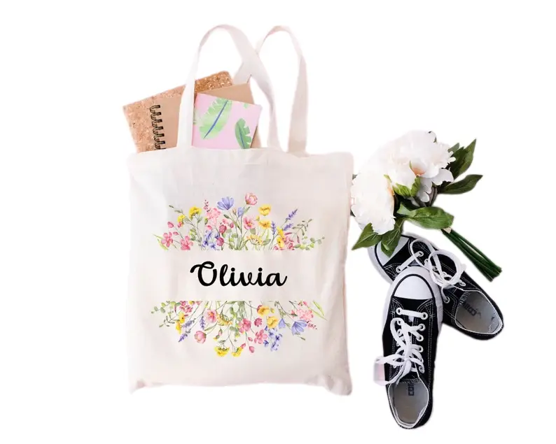 Custom Name Flower Tote Bag, Personalized Birth Tote Bag, Custom Name Tote Bag, Mothers Day Gift Tote Bag, Shopping Tote Bag, Vintage Flower Bag