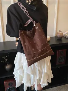 Women's Embroidered Beaded Shoulder Bag, Ethnic Style Large Capacity Commuter Bag, Ribbon Patchwork Tote Bag, Fashion Handbag