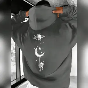 Men's Astronaut & Planet Print Drop Shoulder Hoodie Fashion Casual Loose Drawstring Pocket Hooded Sweatshirt For Daily H Hoodied Unisex Fleece Hoodie