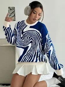 Women's Irregular Pattern Knit Sweater, Casual Fall & Winter Round Neck Long Sleeve Top, Y2K Style Halloween Clothing, Knitwear