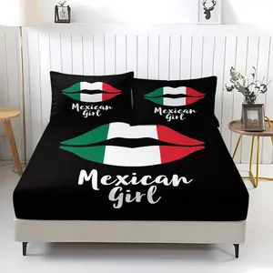 Mexican Theme Bedding Set, Mexican Girl Lips Text Pattern, Includes 1 Fitted Sheet and 2 Pillowcases, Comfortable Bed Linen