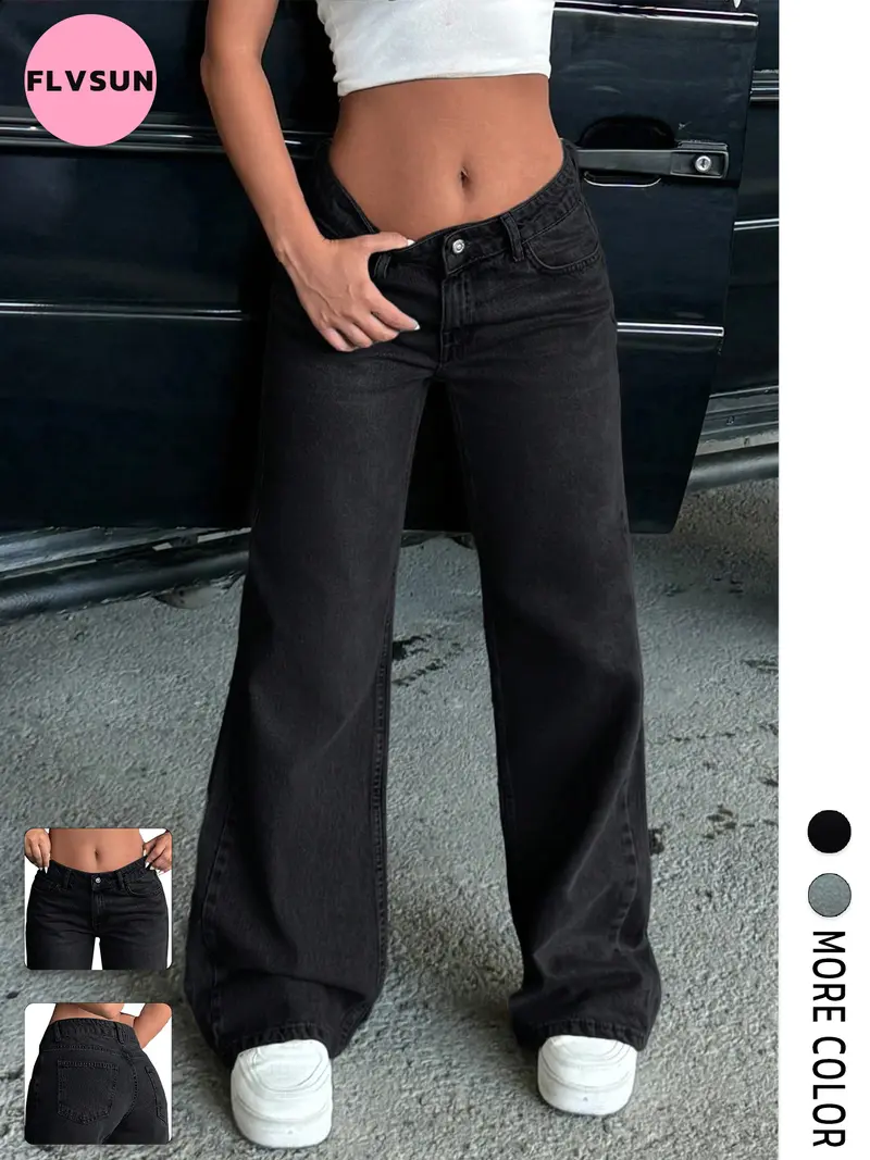 Flvsun-Women's Low Waist Wide Leg Jeans Straight Leg Baggy Denim Pants Loose Boyfriend Jeans Y2K Trousers High-Quality Fabric Soft Comfortable Lightweight Breathable