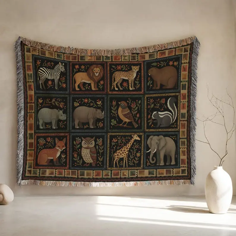 Vintage Safari Animals Mosaic Woven Blanket, Elephant Giraffe Lion Quilt Style Throw, Jungle Nursery Decor