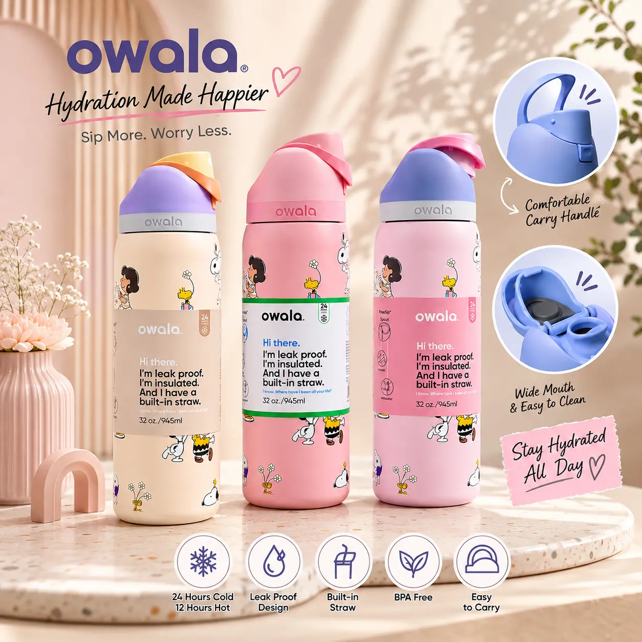 New 2026 Owala FreeSip 32oz Cute Black & White Insulated Water Bottle, Leakproof Built-in Straw,Cold Vacuum Flask, BPA-Free Stainless Steel, 24H Cold 12H Hot, Travel Gym Bottle