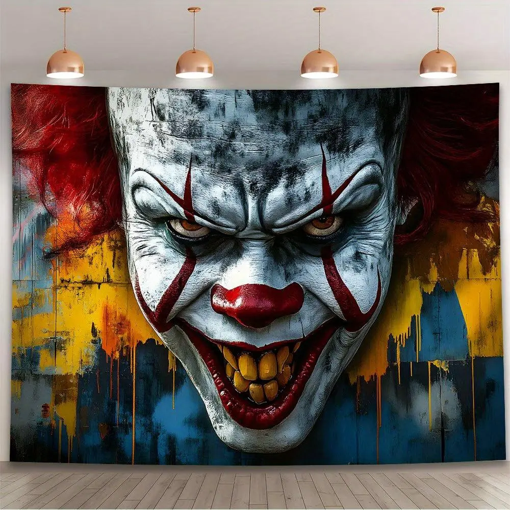 1pc 2D Flat Sinister Clown Graffiti Backdrop Banner Vibrant Blue Yellow Red Art Durable Reusable Photo Booth Decor for Birthdays Anniversaries Indoor Outdoor Parties No Electricity Needed Party Decoration Abstr Ornaments
