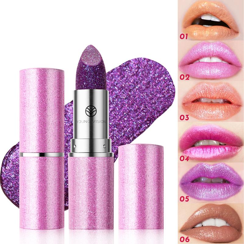 YOUNG VISION Chameleon 6-color Fine Sparkle Lipstick, Multi-purpose Facial Embossed Silk Screen Pearlescent Lipstick and Eyeshadow