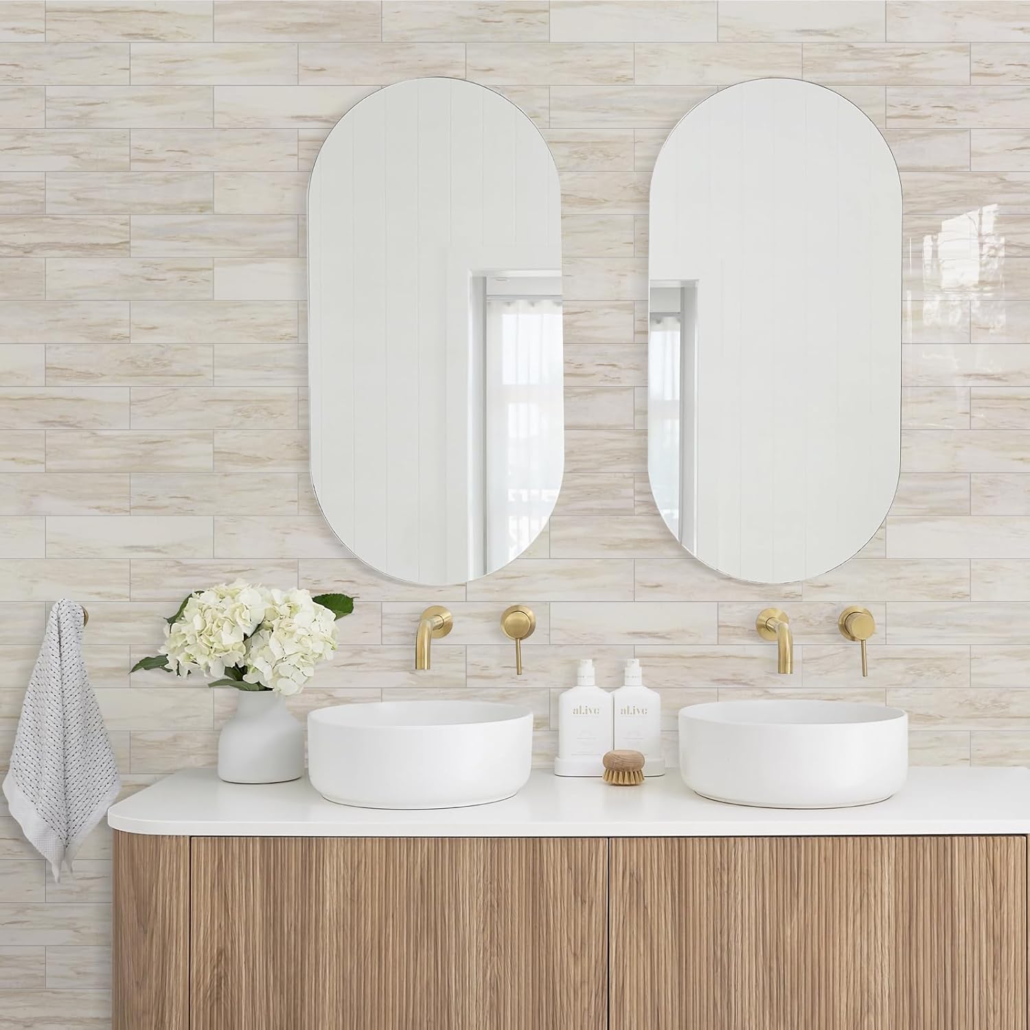 Vamos Tile 40-Piece Glossy Statury White Peel and Stick Backsplash Wall Tiles with Dark Gray Grout, 3" x 12" PVC Faux Stone Backsplash Tiles for Kitchen, Bathroom, Laundry Room, Camper, Fireplace