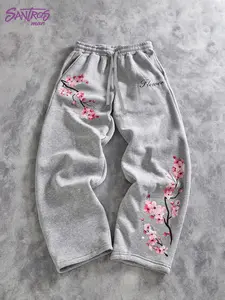 Unisex Grey Wide Leg Sweatpants with Cherry Blossom Print Japanese Streetwear Pants
