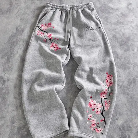 Unisex Multicolor Casual Fashion Loose Wide Leg Sweatpants with Cherry Blossom Print Japanese Streetwear Pants